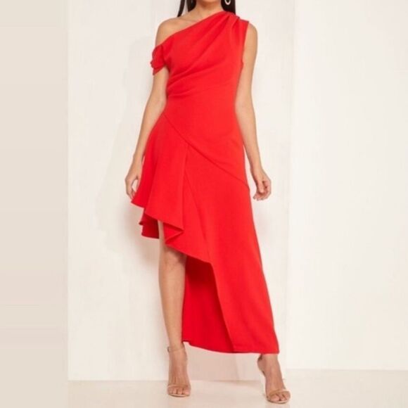 Elliatt Pallas Cascade Ruffle One Shoulder Cocktail Dress Deep Red Size Medium - Picture 1 of 14